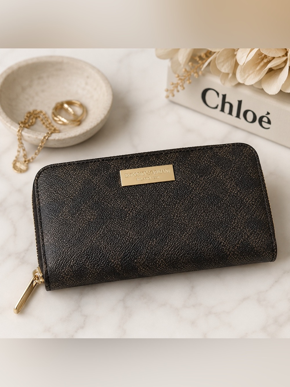 Adrienne Vittadini Black Zip Around Wallet Purple Interior Pebbled